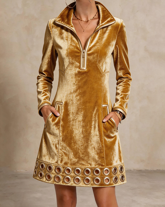Lapel Zipper Pocket Metal Ring Dress