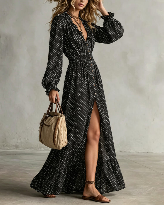 Lantern Sleeve V-Neck Polka Dot Slit Dress