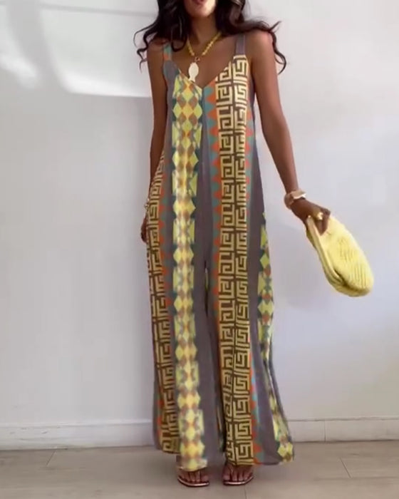 Geometric Print Spaghetti Strap Wide Leg Jumpsuit