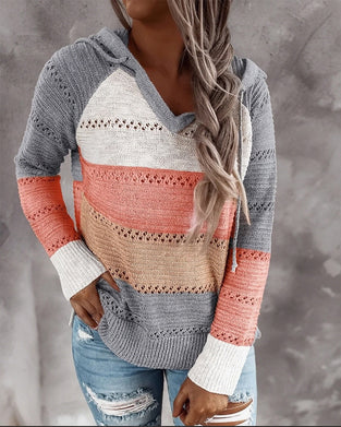 Color Block Cutout Hooded Knit Pullover