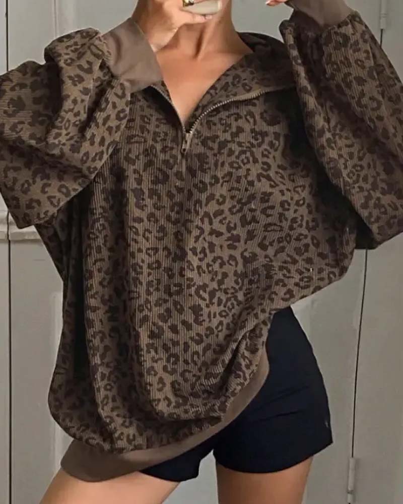 Zip Leopard Casual Sweatshirts