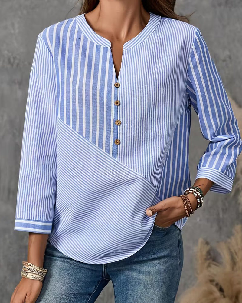 Button-Down V-Neck Striped Blouse