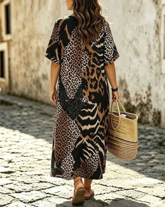 Round Neck Half Sleeve Leopard Print Flared Dress