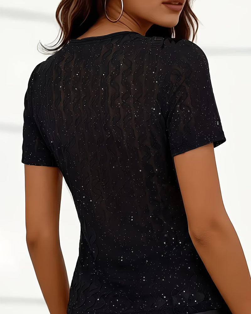 V-Neck Cross Sequin Slim-Fit T-Shirts