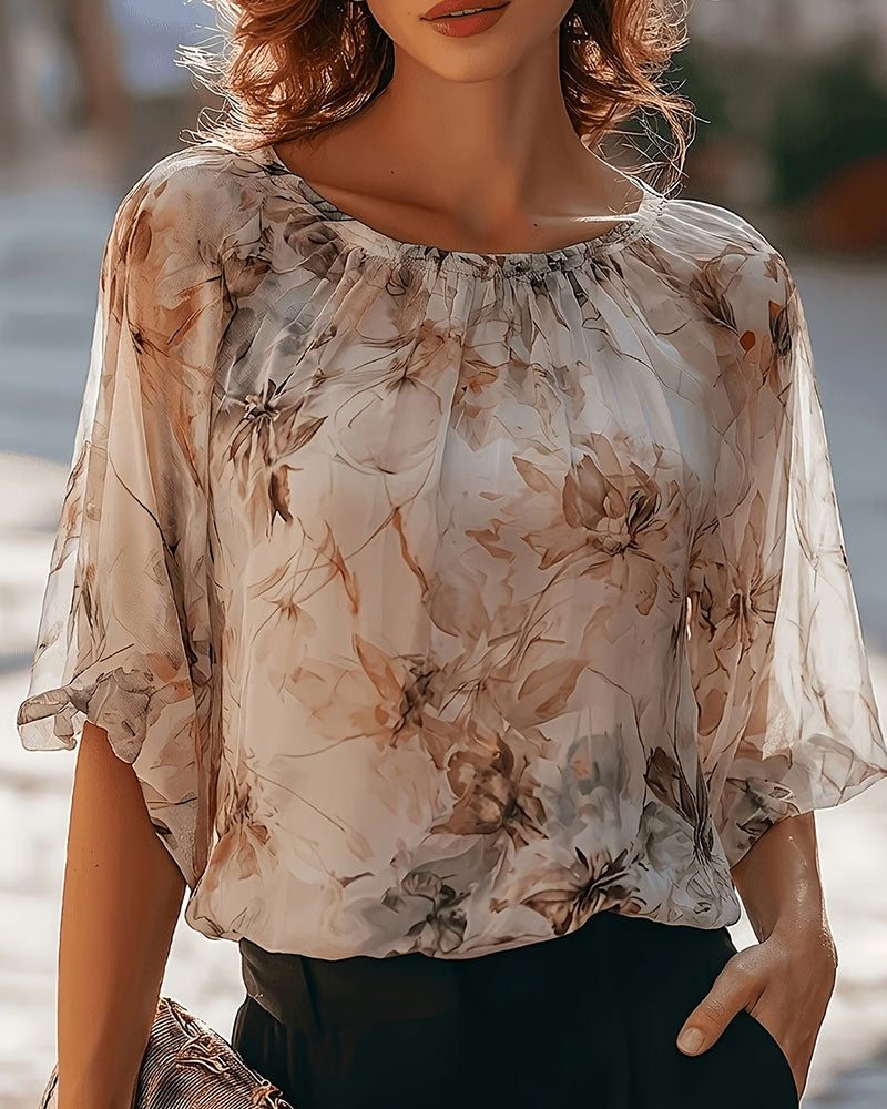 Ink Wash Floral Bubble Sleeve Blouse