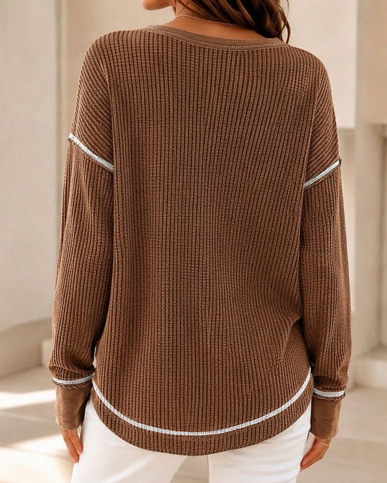 Color Block Trim V-Neck Casual Top