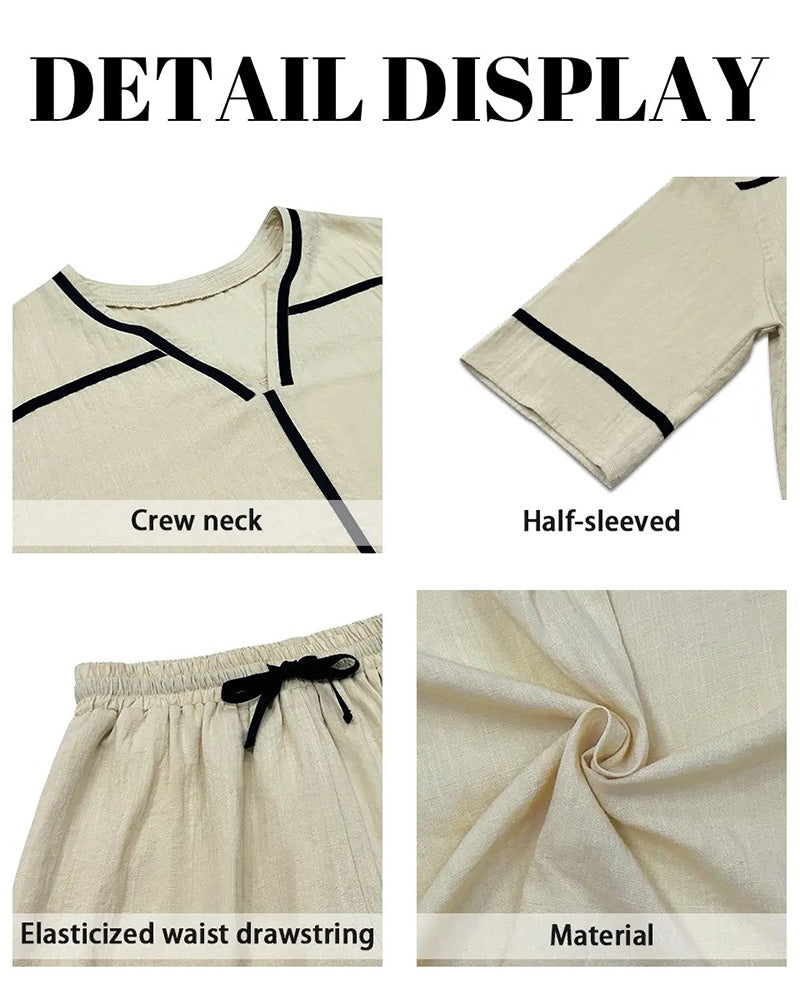 V-Neck Contrast Casual Loose Set
