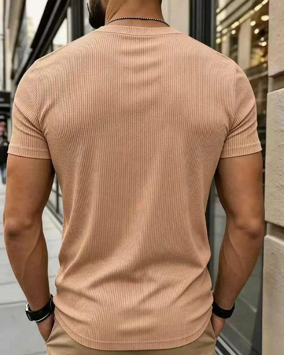 V-Neck Ribbed Solid Color Men's T-Shirt