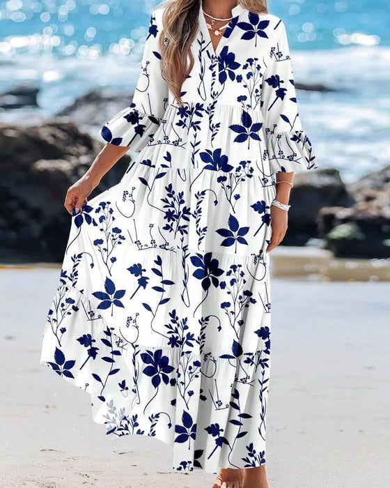 V-Neck Floral Ruffle Tiered Dress
