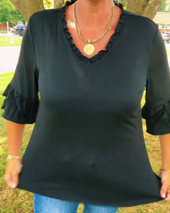 Ruffle V-Neck Three-Quarter Sleeve Top
