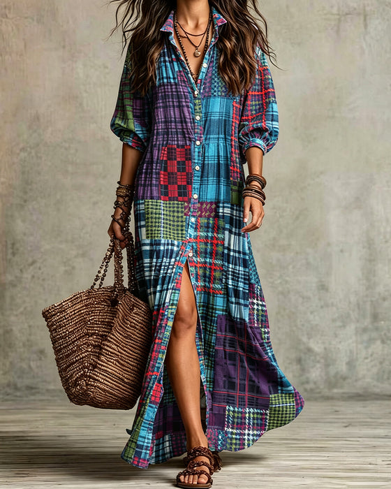 Mid-Sleeve Plaid Slit Shirt Dress