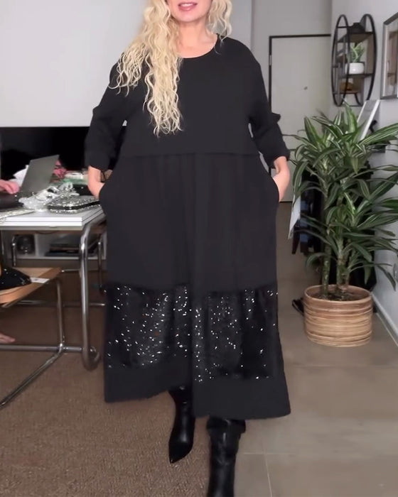 Round Neck Sequin Patchwork Loose Dress