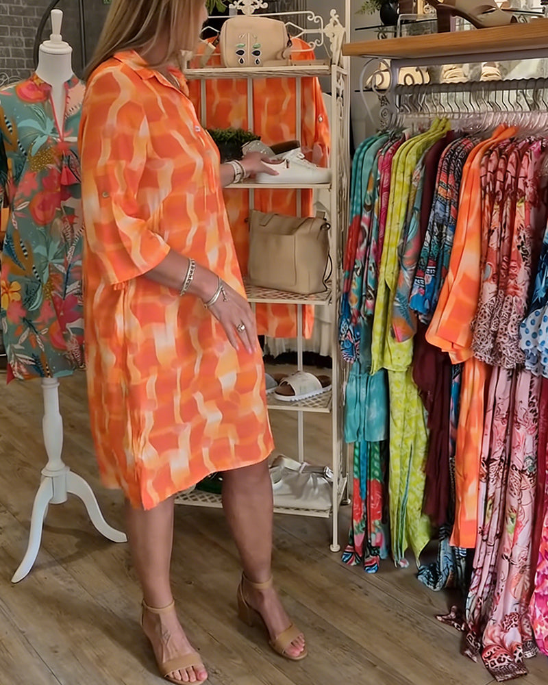 Three-Quarter Sleeve Collared Geometric Print Dress