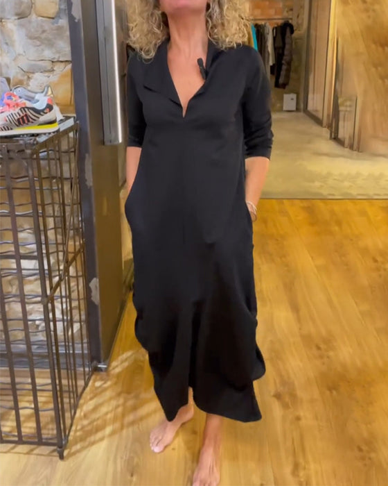 olid color dress with V-neck and A-line