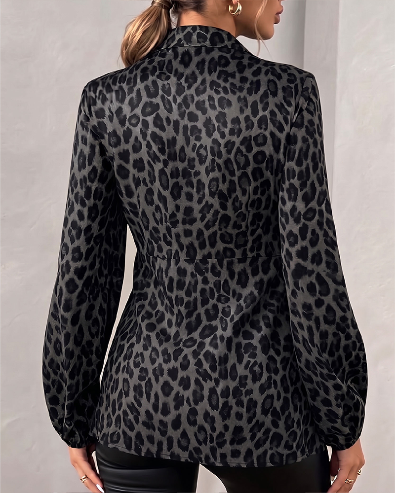 Leopard Print Lapel Bandage Waist Top