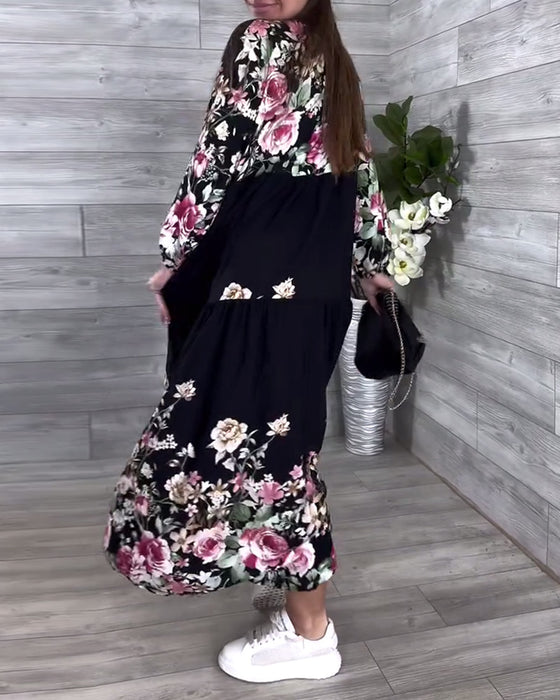 Floral Print Casual Lantern Sleeve Dress