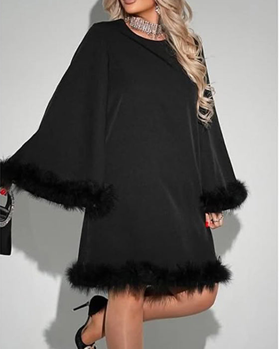 Bell Sleeve Fur Patchwork Loose Dress