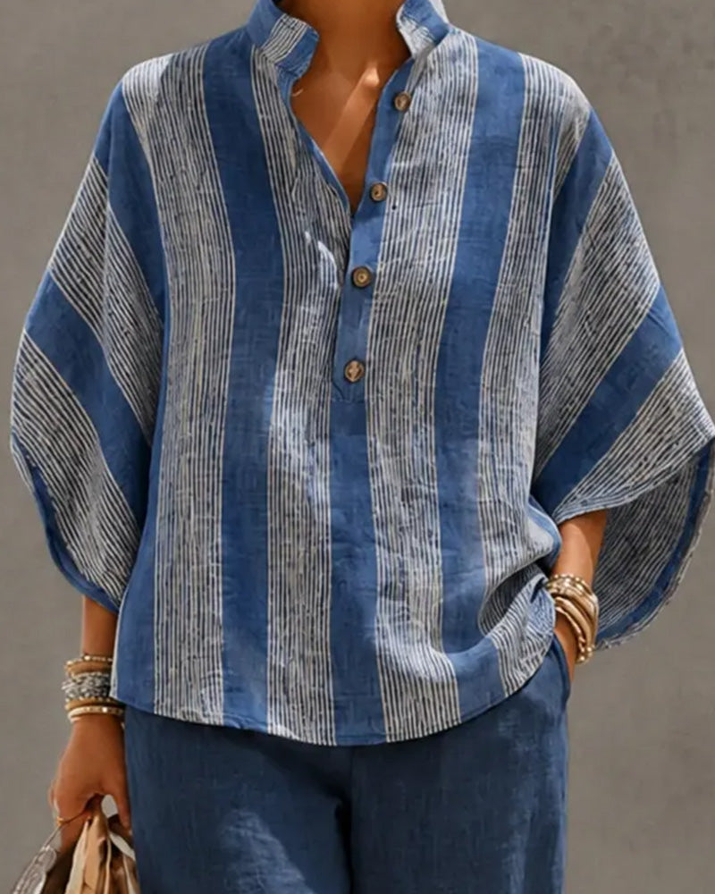 Contrast Color Striped Irregular Button Wide-Leg Pant Set