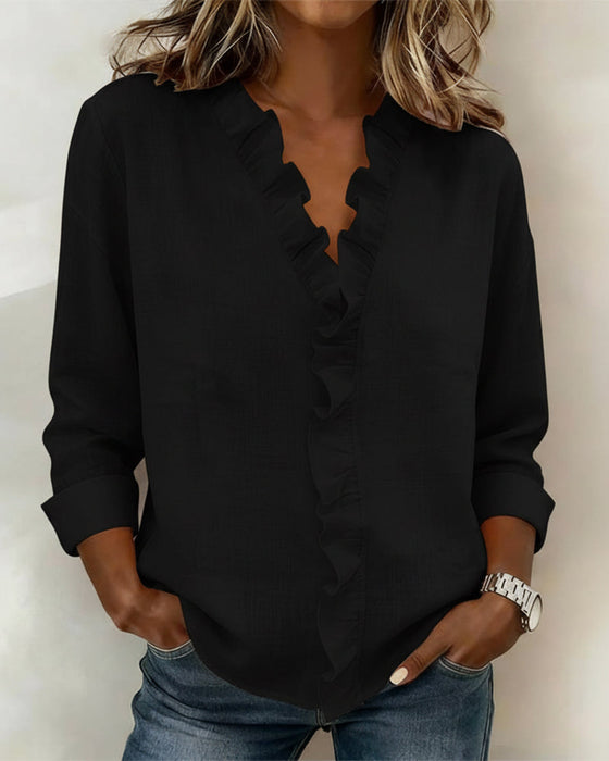 Ruffle V-Neck Long-Sleeve Blouse