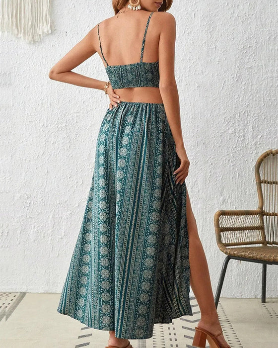 Ethnic Print Hollow Out Slit Strappy Long Dress