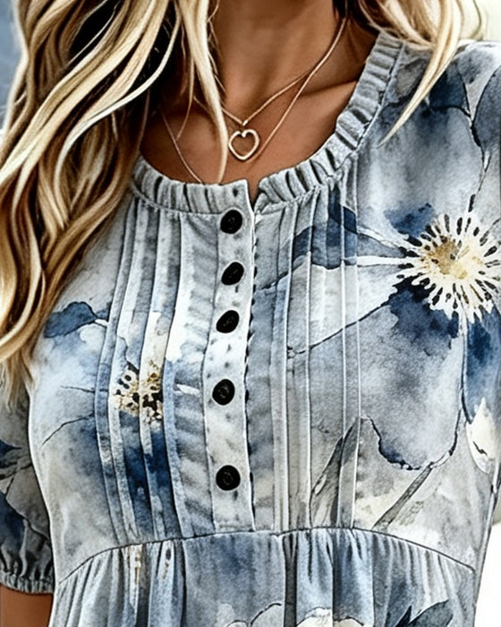 Ruffle Trim Tie-Dye Floral Waist Dress