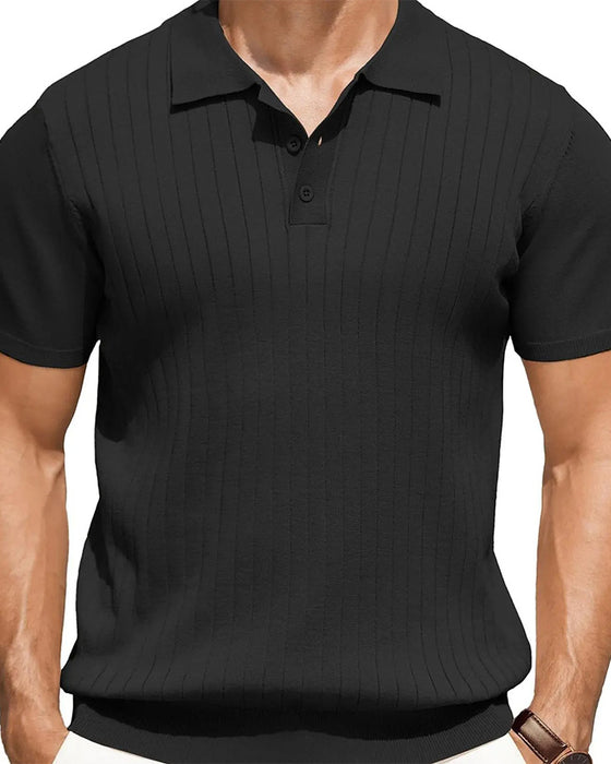 Ribbed Knit Polo Collar T-Shirt