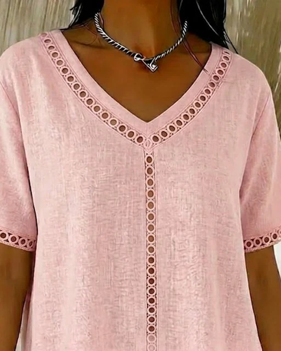 Hollow V-Neck Cotton Linen Top
