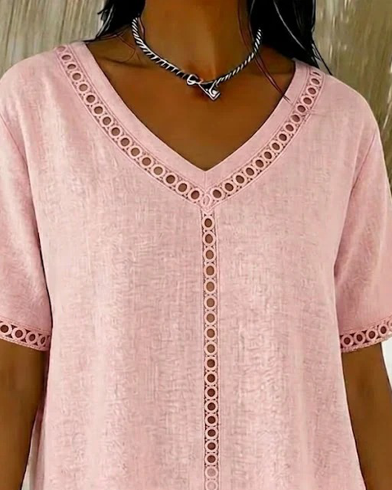 Hollow V-Neck Cotton Linen Top