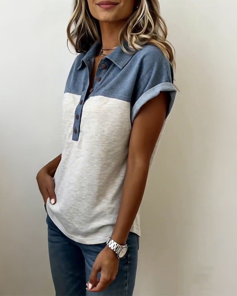 Button-Down Patchwork Turn-Down Collar T-Shirt