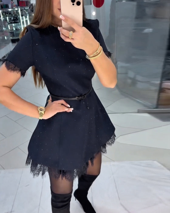Sparkling Lace Short-Sleeve A-Line Dress