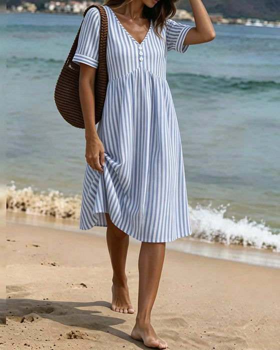 Vertical Stripe Babydoll V Neck A Line Dress