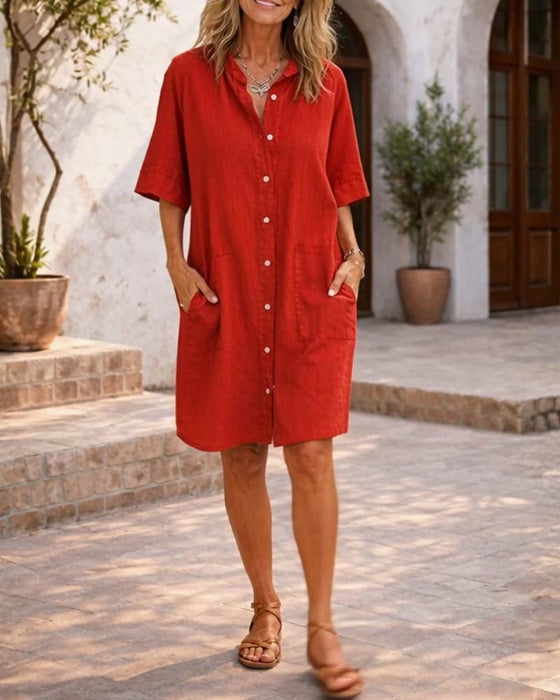 Lapel Linen Pocket Shirt Dress