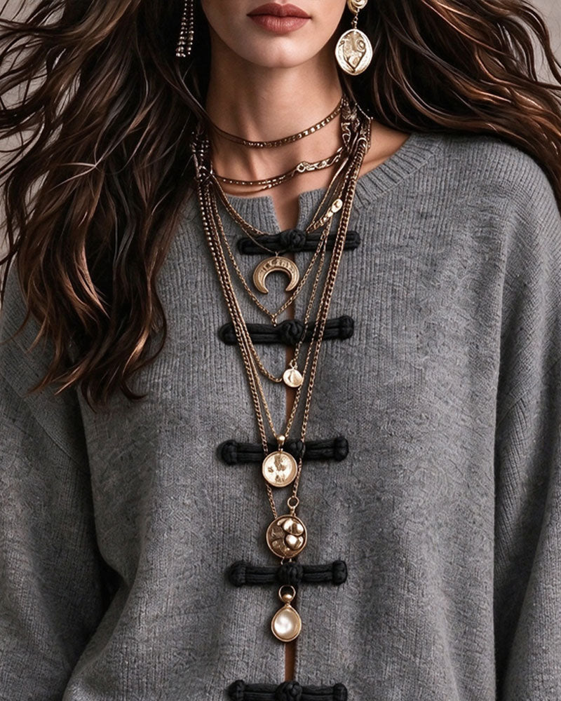 Round Neck Frog Button Loose Sweater