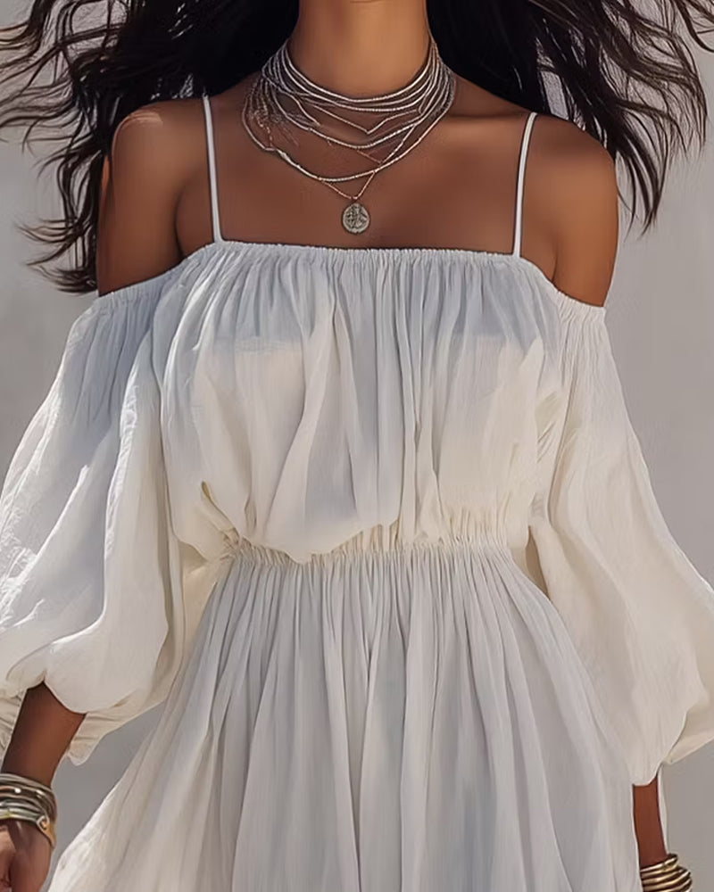 Off-Shoulder Thin Strap Lantern Sleeve Dress