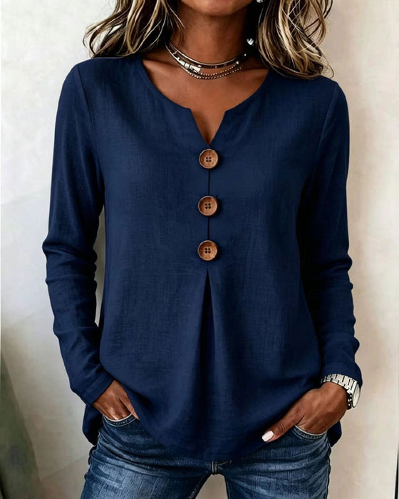 Solid Color V-Neck Buttoned Smocked Top