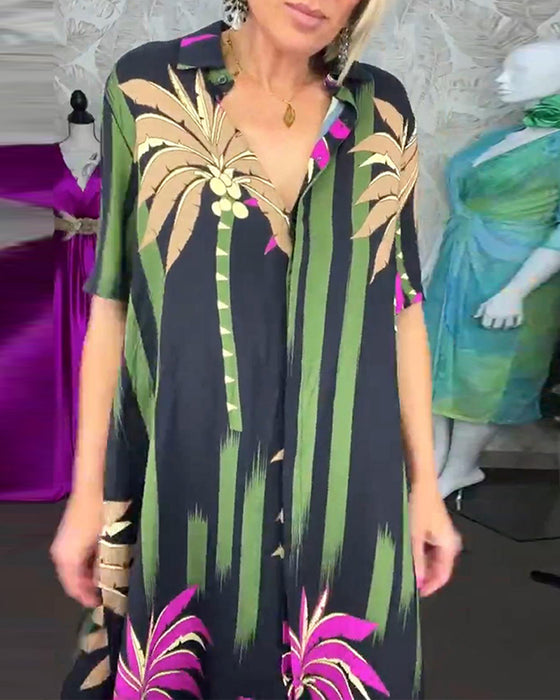 Casual leaf print slit short sleeve loose dress