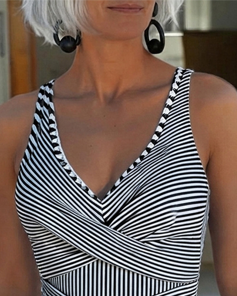 V-Neck Striped One-Piece