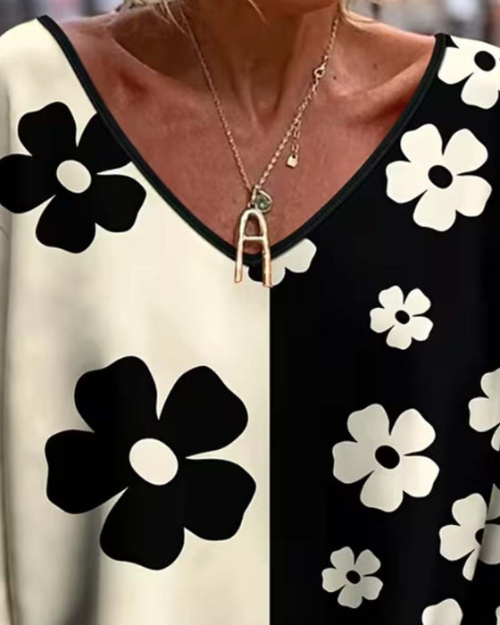 V-Neck Floral Color Block Loose T-Shirt