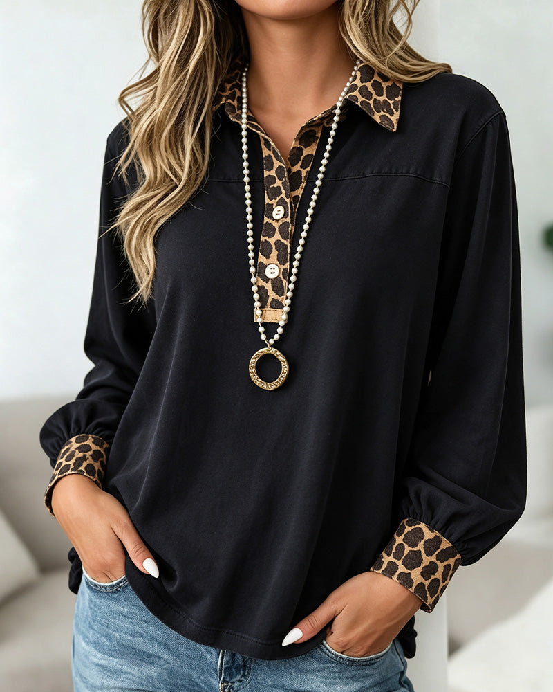 Leopard Print Lapel Patchwork Button Top