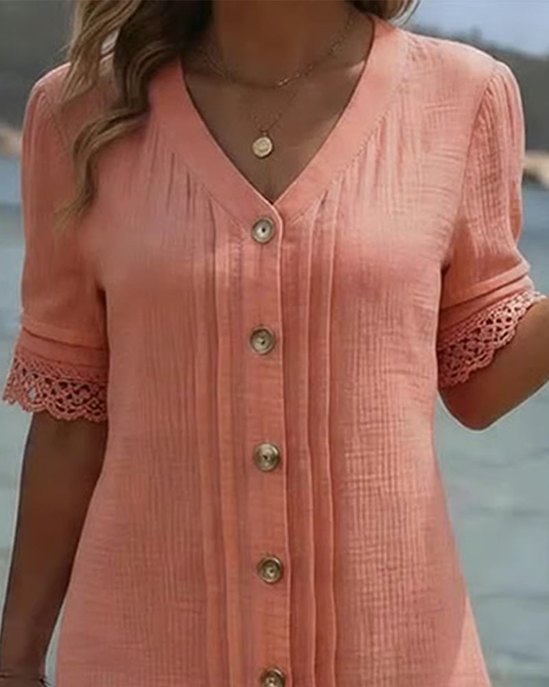 Pleated V-Neck Button Lace Patchwork Dress
