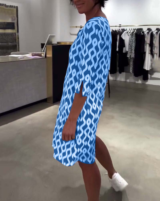 Stand Collar Mid-Length Printed Dress