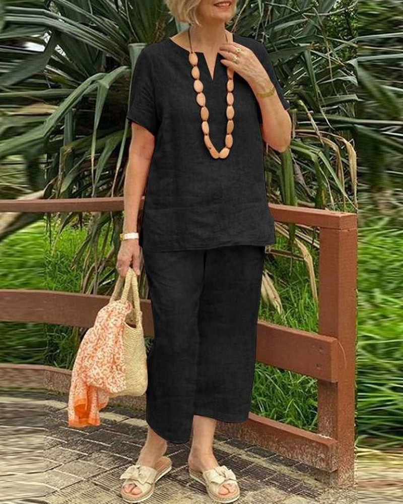 Short Sleeve Shirt Elastic Waist Cropped Pants Two-Piece Sets