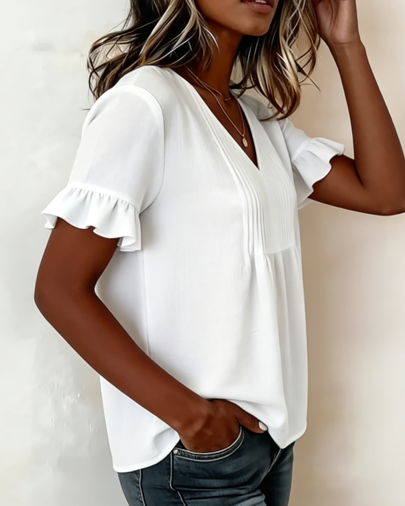 Ruffled V-Neck Short-Sleeved Blouse