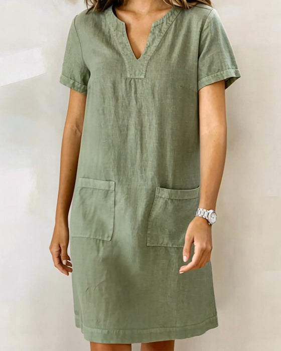 Small V-Neck Pocket Shift Dress