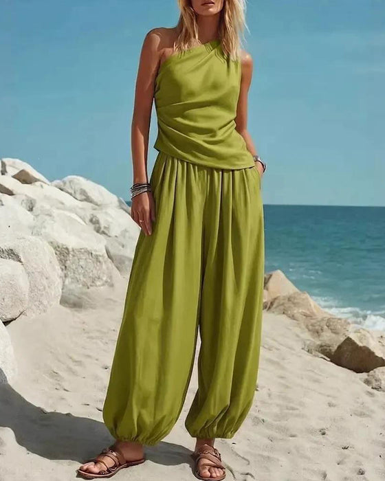 One-Shoulder Tank Top High Waist Pants Set