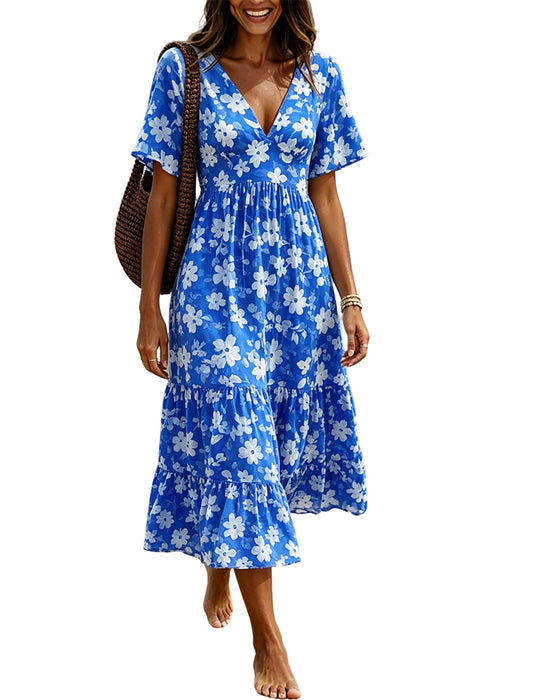 Deep V-Nee Pleated Print Dresses