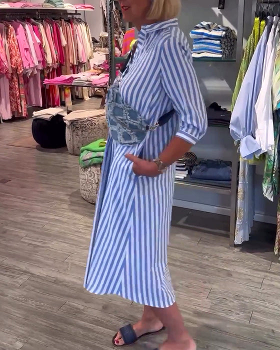 Stripe print lapel button dress