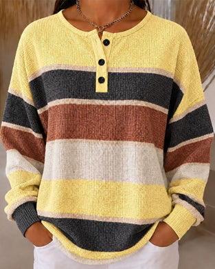 Round Neck Buttoned Contrast Striped Sweatshirt