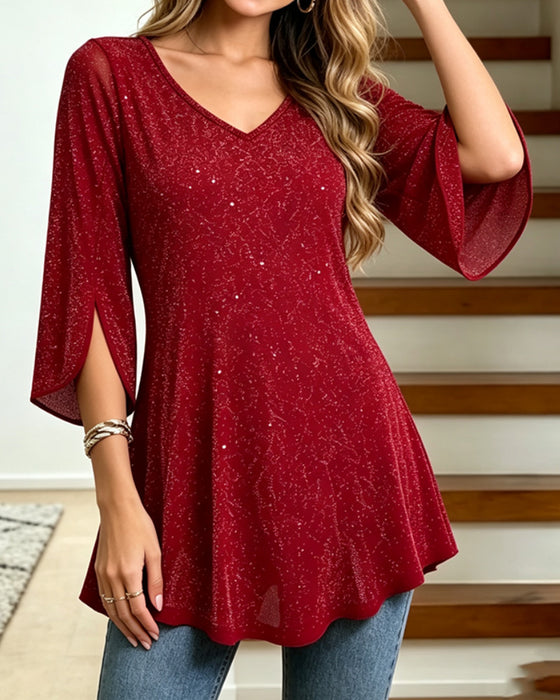 V-Neck Flare Sleeve A-Line Top
