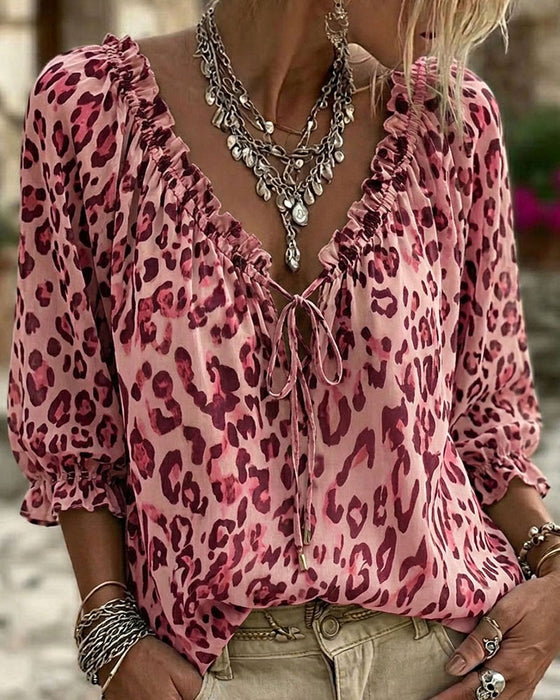 Leopard Print V-Neck Puff Sleeve Lace-Up Blouse